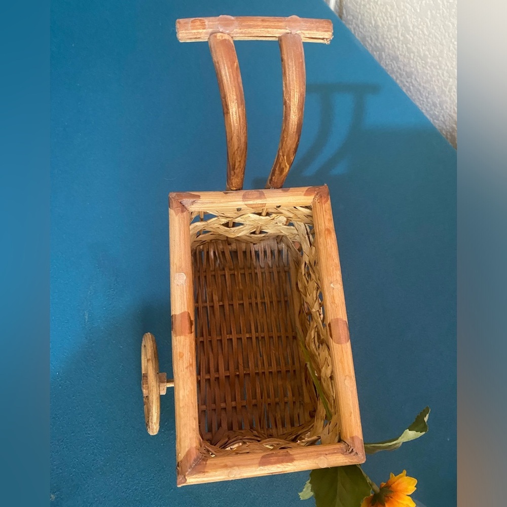 Vintage Boho Rattan & Wicker Cart Miniature Wicker Trolley Basket Sunflower 1970 - Picture 3 of 5
